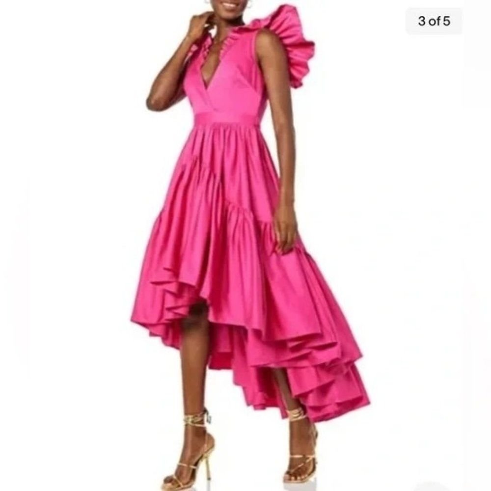 Ruffled High-Low V-Neck Dress in Hot Pink